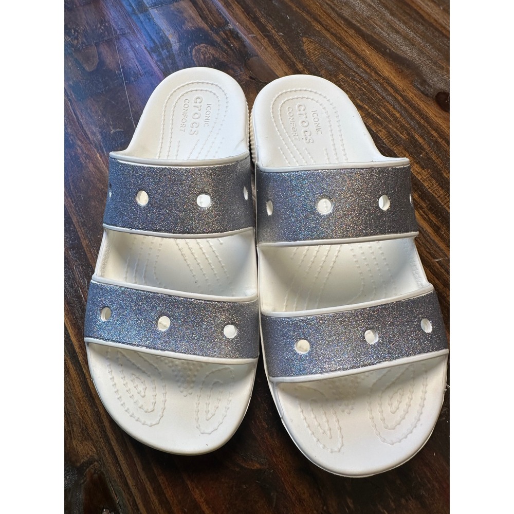 Crocs Glitter 2 Strap Slide Sandal Women's 9 or Men 7‎ White Silver Sparkle Shoe